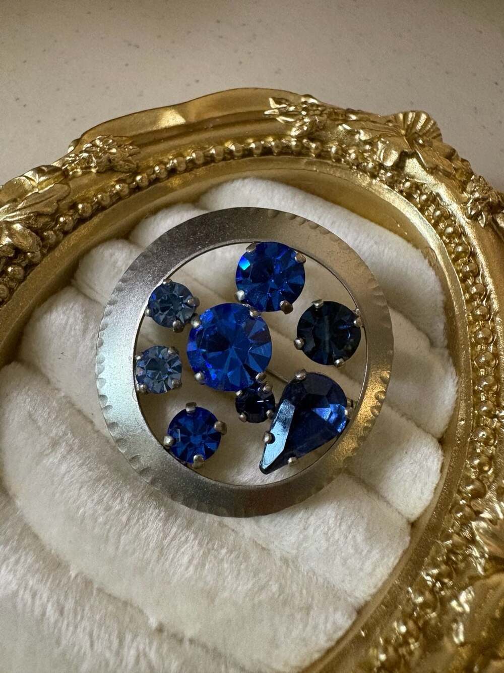 Vintage Blue Rhinestone Brooch Made in Germany Circular Design